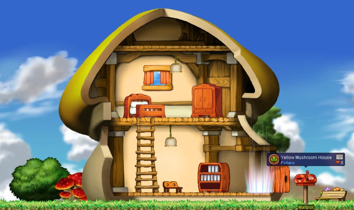 Official Henesys housing screenshot with a mushroom-style home